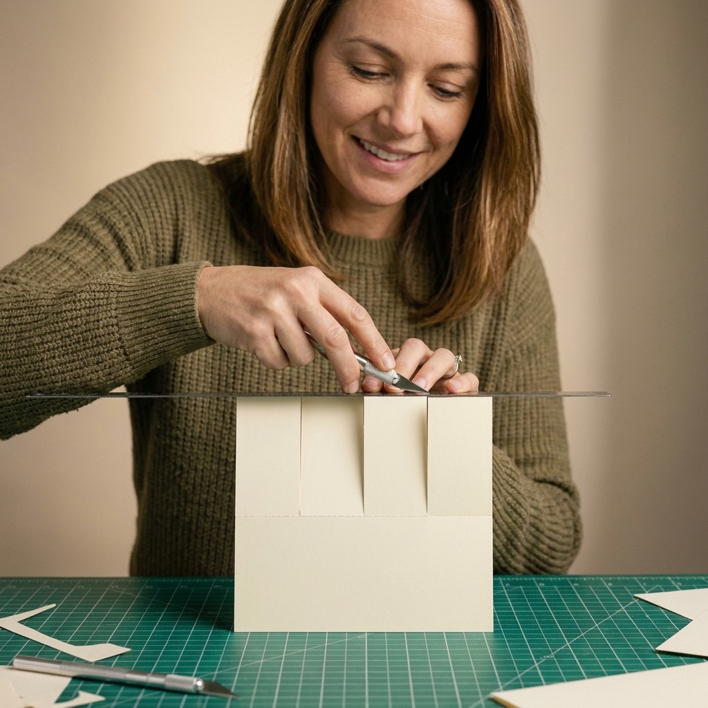 A pop-up box card base on a cutting mat with three slits cut from the top edge down to a horizontal score line, forming four top flaps while the bottom portion remains intact