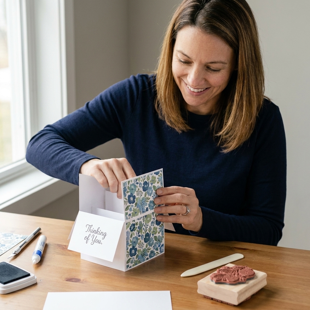 A pop-up box card being decorated with patterned paper panels and a stamped sentiment on the front flap, with craft tools nearby