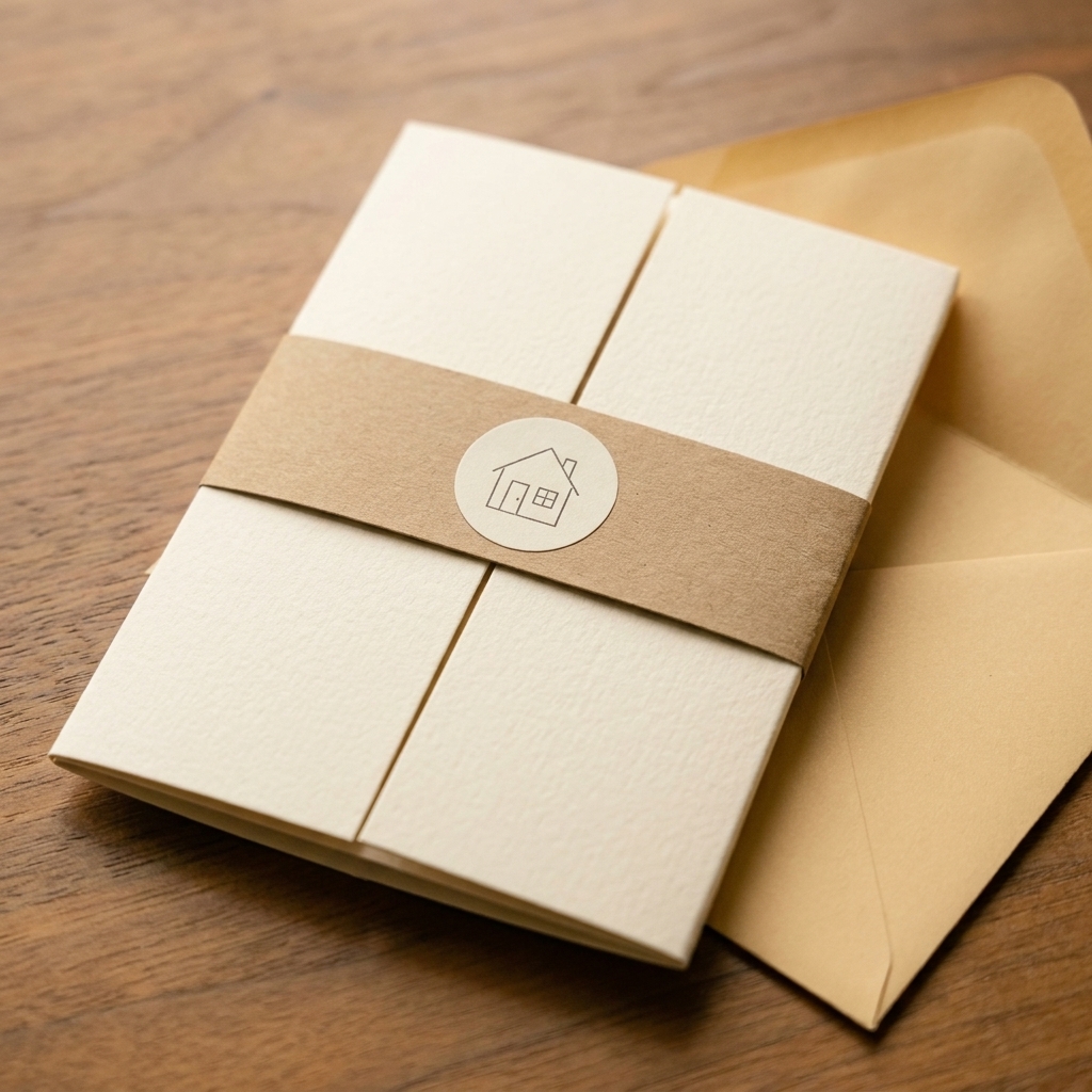 A pop-up box card folded flat with a paper belly band wrapped around it, ready to be placed into an envelope