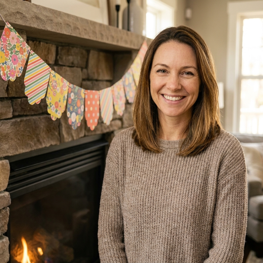 A scalloped paper bunting banner in bright patterned paper hanging across a fireplace mantel