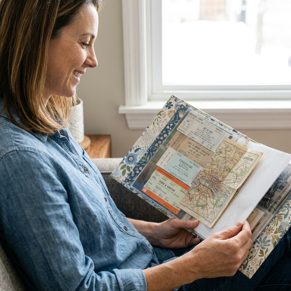 A scrapbook album open to a clear pocket page holding ticket stubs and a small map, with patterned paper inserts behind the memorabilia