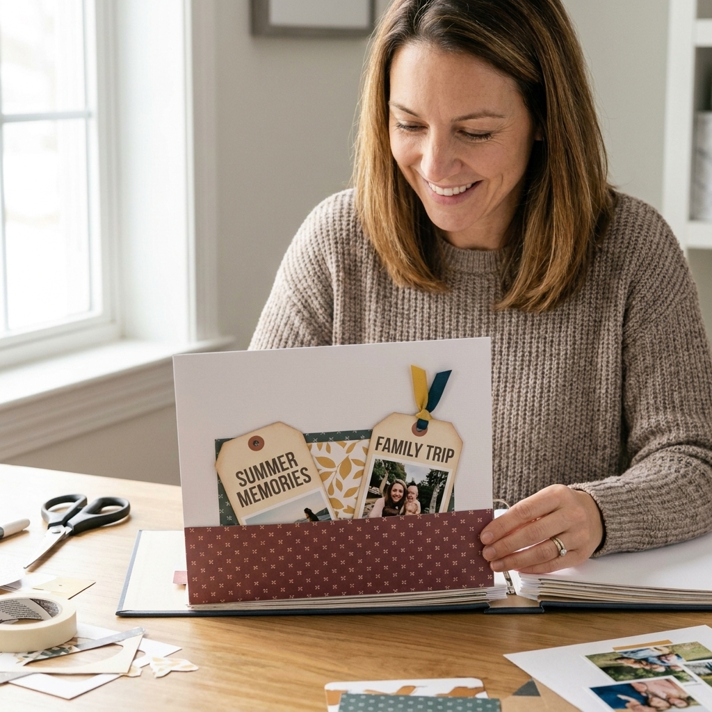 A scrapbook album page with a deep bottom pocket holding two large tags, photographed on a craft table