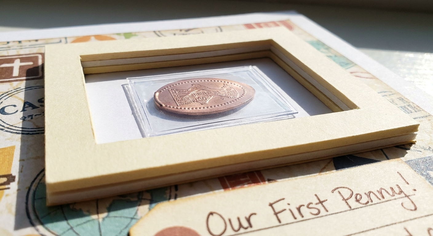A scrapbook layout showing a cardstock window frame built up with foam tape layers, holding a pressed penny in a small clear sleeve