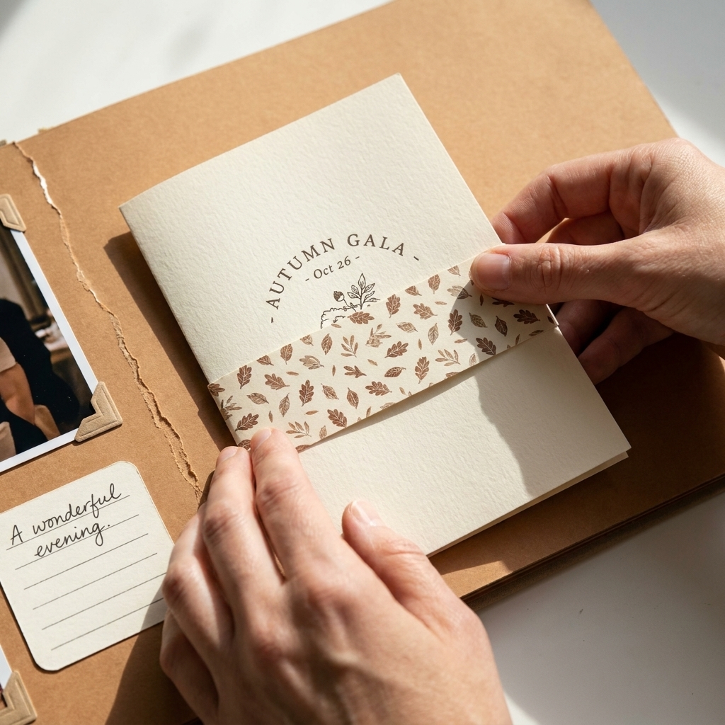 A scrapbook layout showing a patterned paper belly band holding a folded event program, with the program partially pulled out