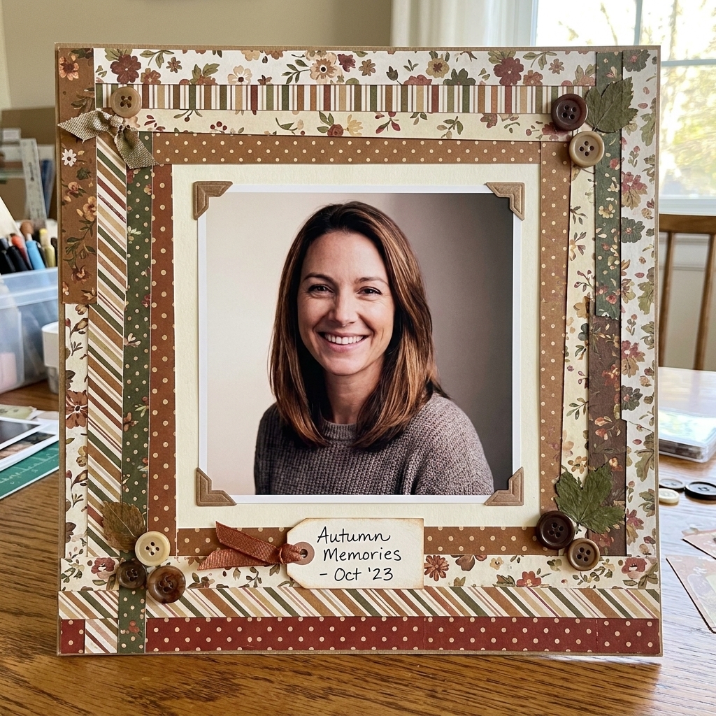 A scrapbook layout with patterned paper strips forming a border frame around the page and a single photo centered inside