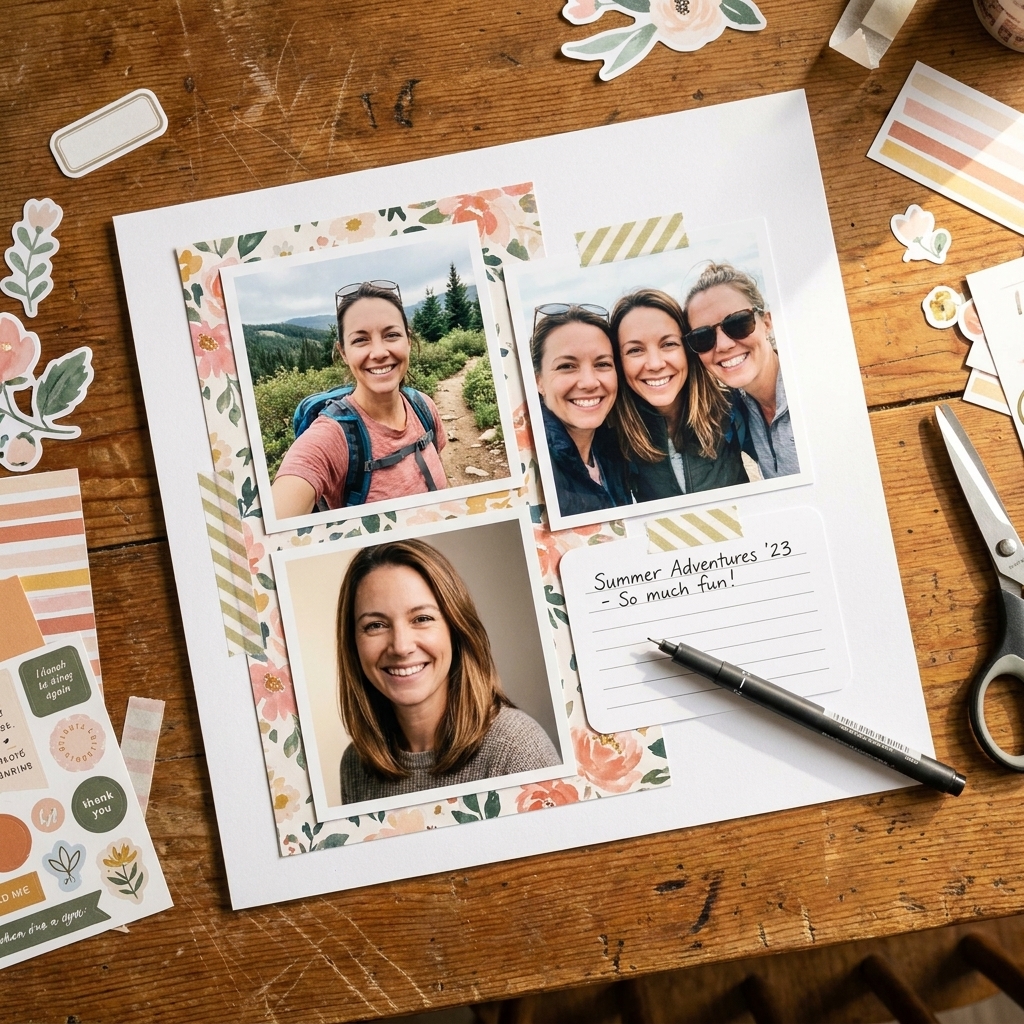 A scrapbook page in progress on a wooden table with three photos arranged on patterned paper layers, a journaling card nearby, and a pen ready for writing