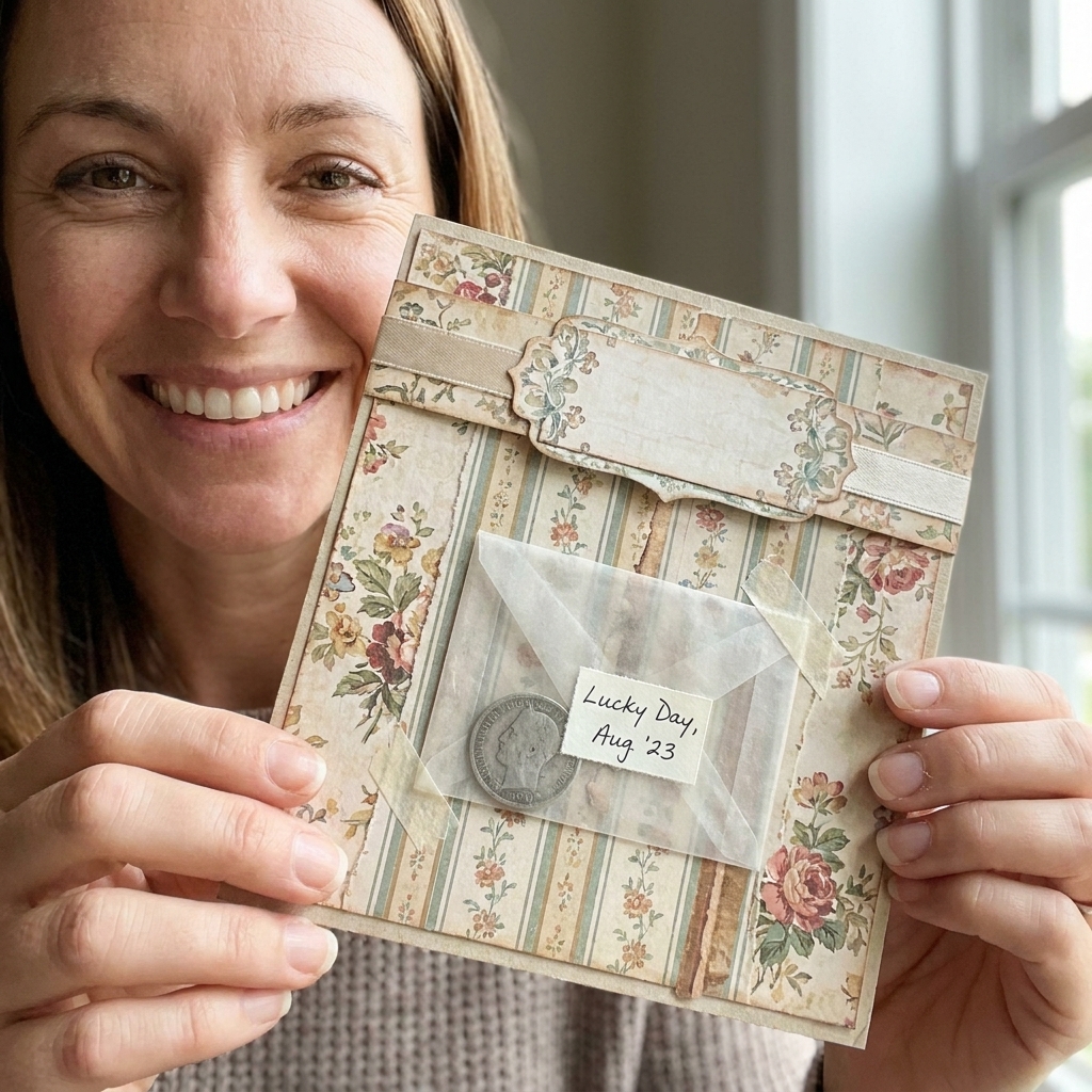A scrapbook page with a small clear envelope adhered to patterned paper, holding a coin and a tiny note, with a paper belly band across the top