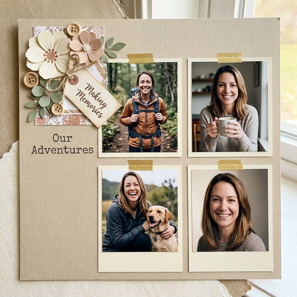 A scrapbook page with four evenly spaced photos in a grid and a decorated corner with a title and layered embellishments