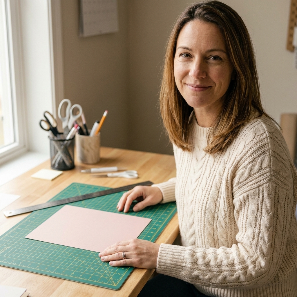 A self-healing cutting mat on a crafting desk with a sheet of pale pink cardstock placed flat and a metal ruler nearby