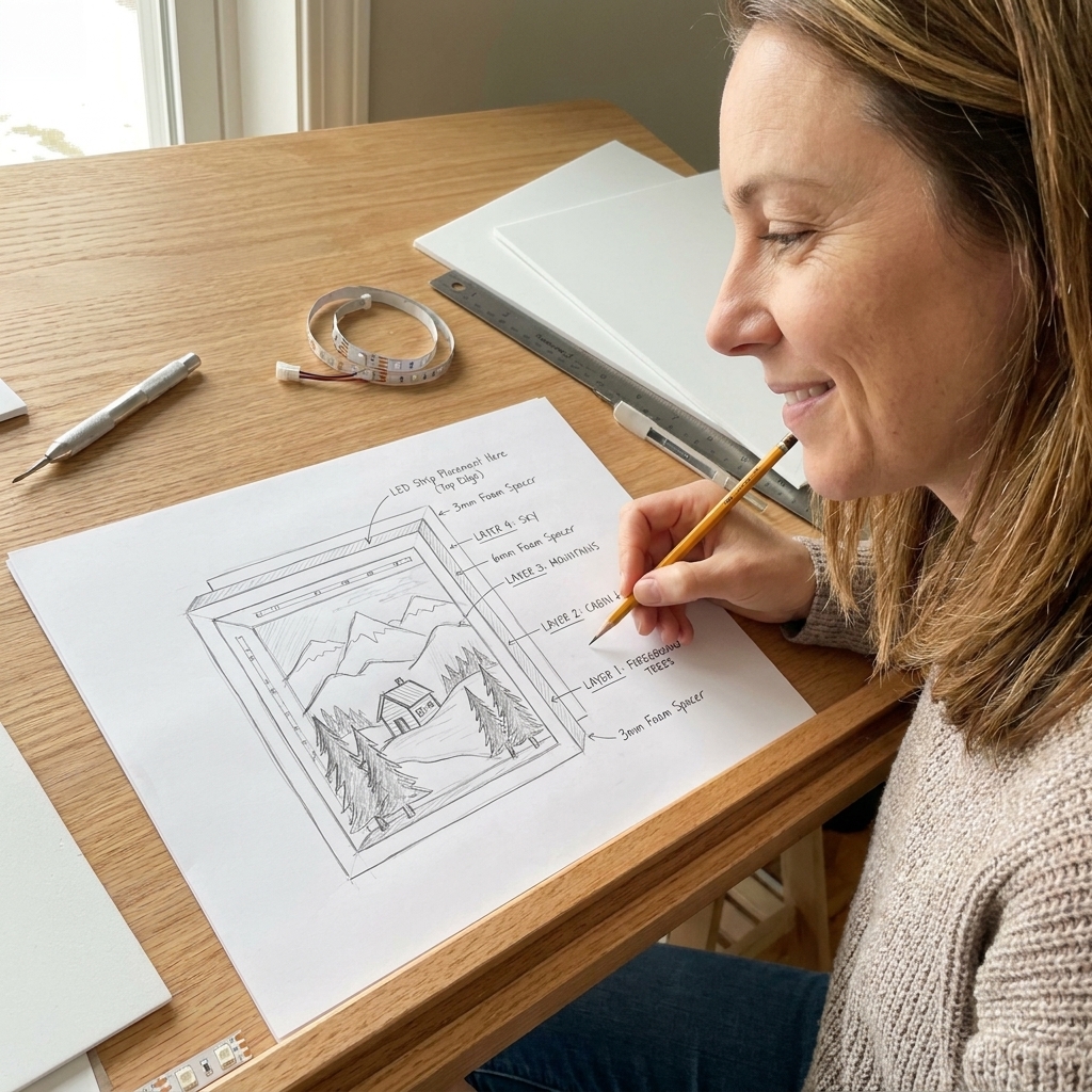 A simple pencil sketch on a craft desk showing a shadow box scene broken into labeled layers with notes about foam spacer thickness and where LED lights will be placed