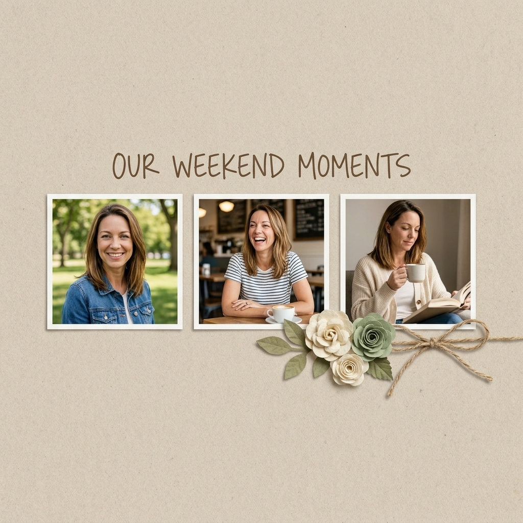 A single 12x12 scrapbook page showing three small photos in a horizontal row with a title and a simple embellishment cluster
