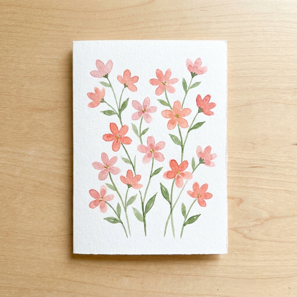 A single card panel showing small hand-painted five-petal flowers in pink and coral with green stems on white paper