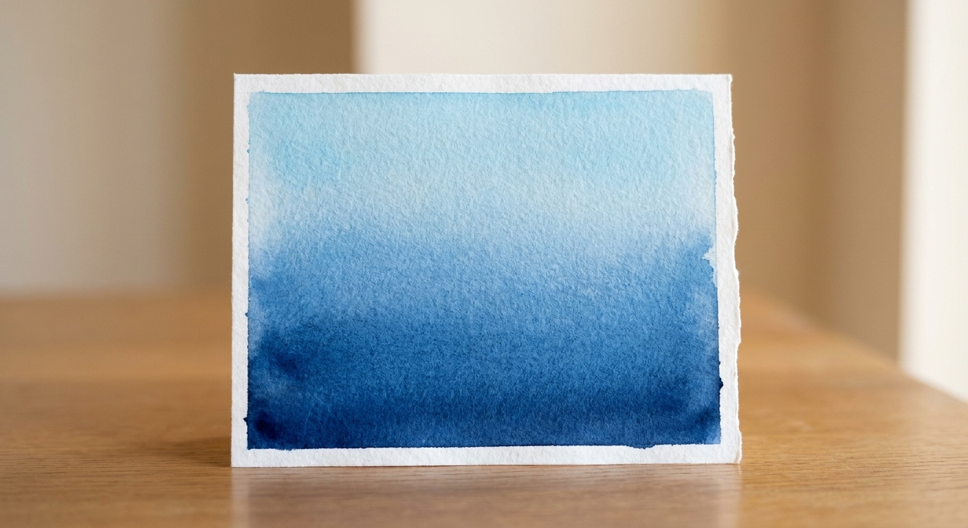 A single handmade card panel showing a smooth ombré blend from deep blue to pale sky blue on white paper
