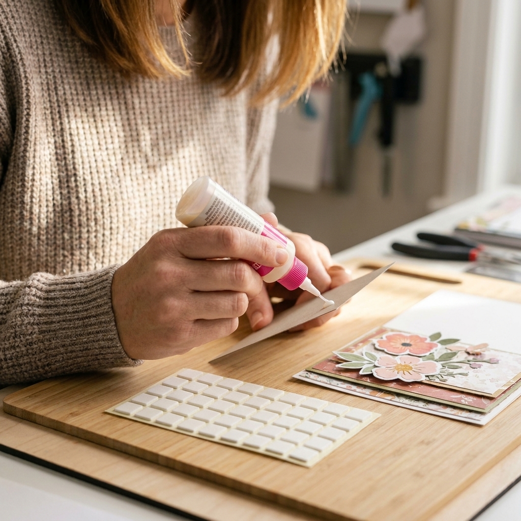 A single photo of a crafter's hands holding a fine-tip liquid glue bottle next to foam tape squares and a partially assembled handmade card