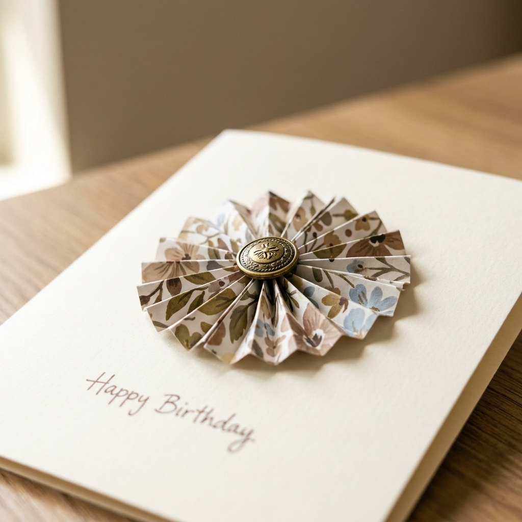 A single photo of a small patterned paper rosette attached to a greeting card front with a round center embellishment