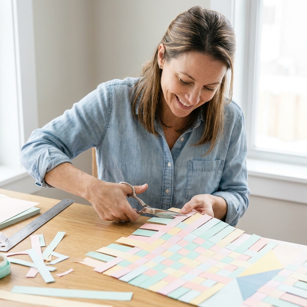 A single photo of a woven paper strip panel in pastel patterns being trimmed with scissors on a craft table