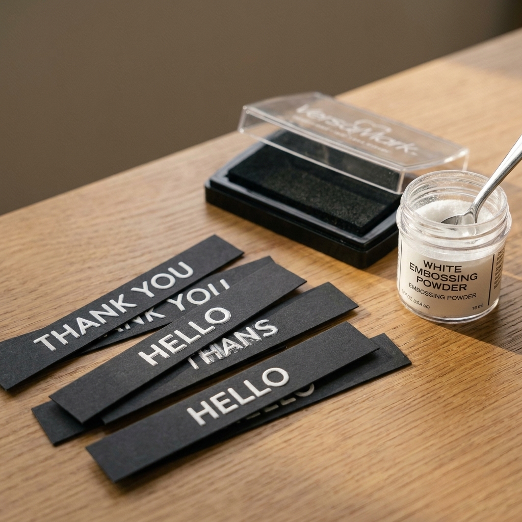 A single photo of black cardstock sentiment strips with white heat-embossed lettering resting beside a Versamark ink pad and embossing powder jar