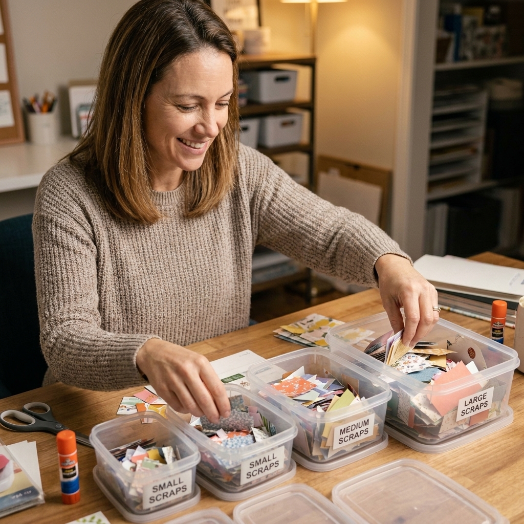 A single photo of clear plastic containers on a craft desk holding sorted patterned paper scraps by size