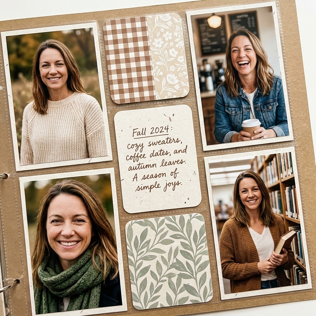A single scrapbook page designed with pocket card sized blocks, including photo blocks, patterned filler blocks, and a journaling block