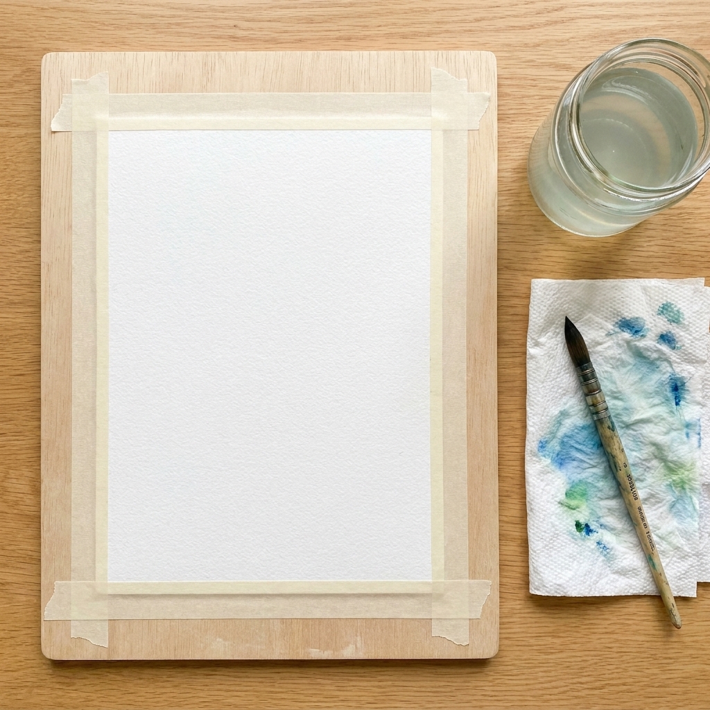 A single sheet of watercolor paper taped to a flat board with low-tack tape, a cup of water and a paper towel nearby, photographed from above