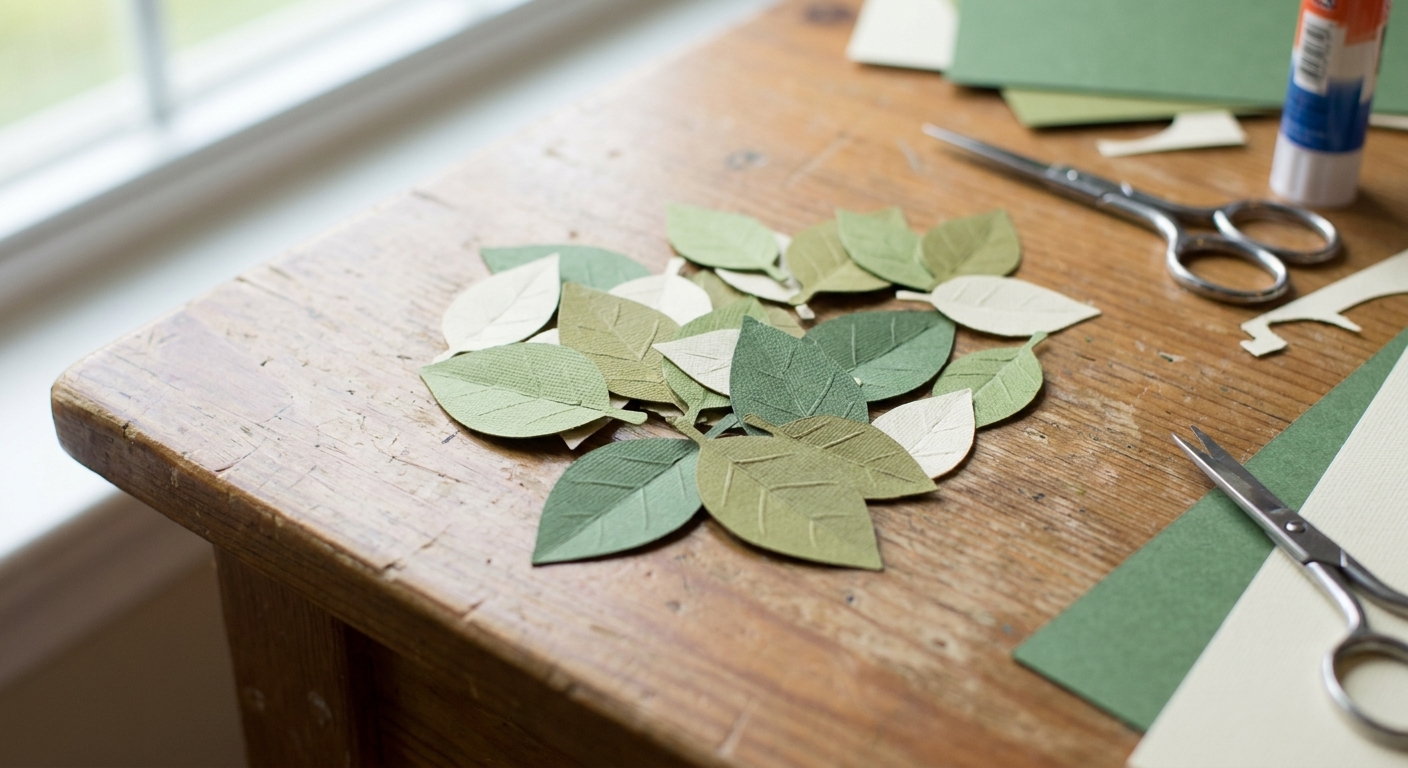 A small pile of cardstock paper leaves in green and cream tones on a craft table