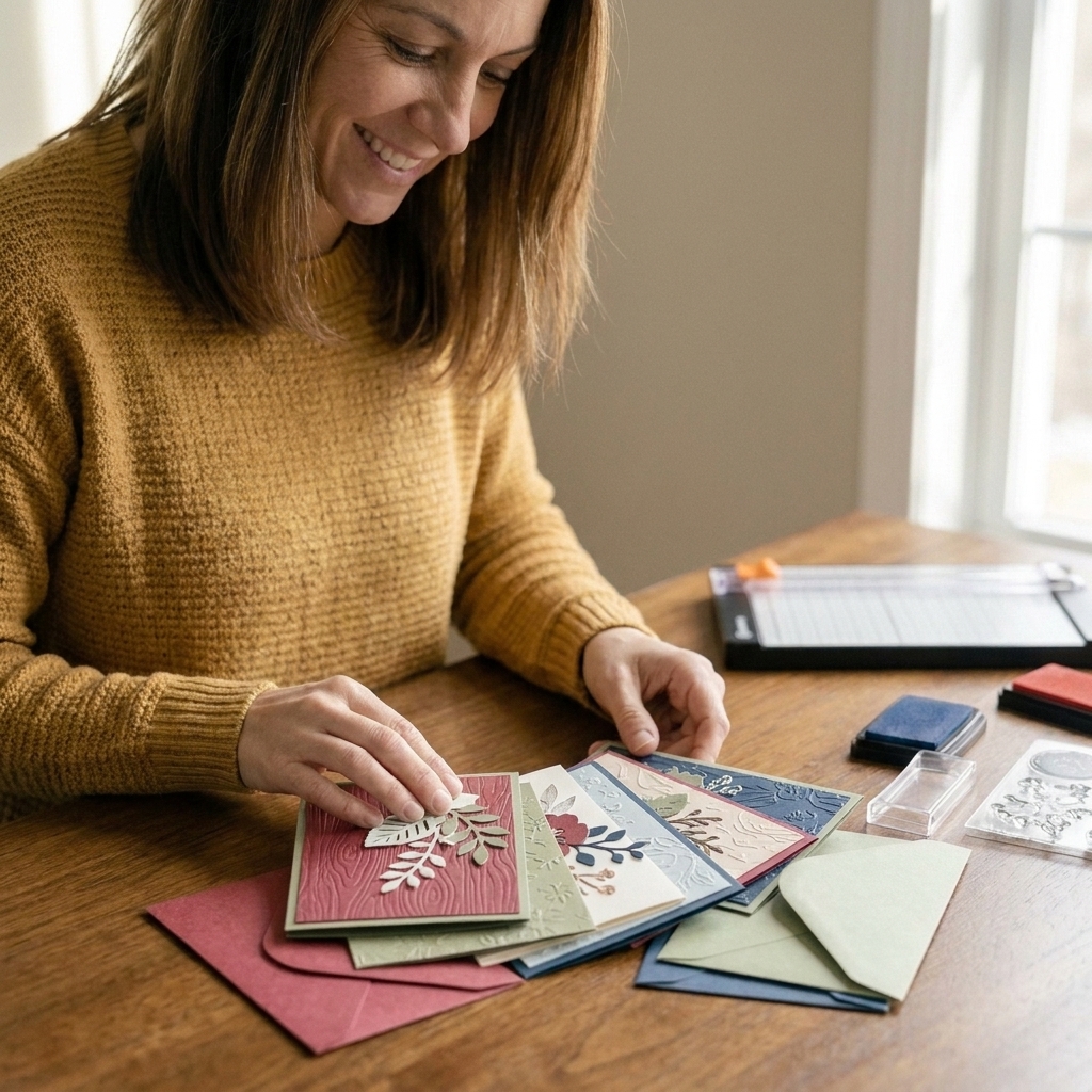 A small stack of handmade greeting cards on a wooden table with envelopes, featuring layered cardstock, die-cut shapes, and subtle embossing