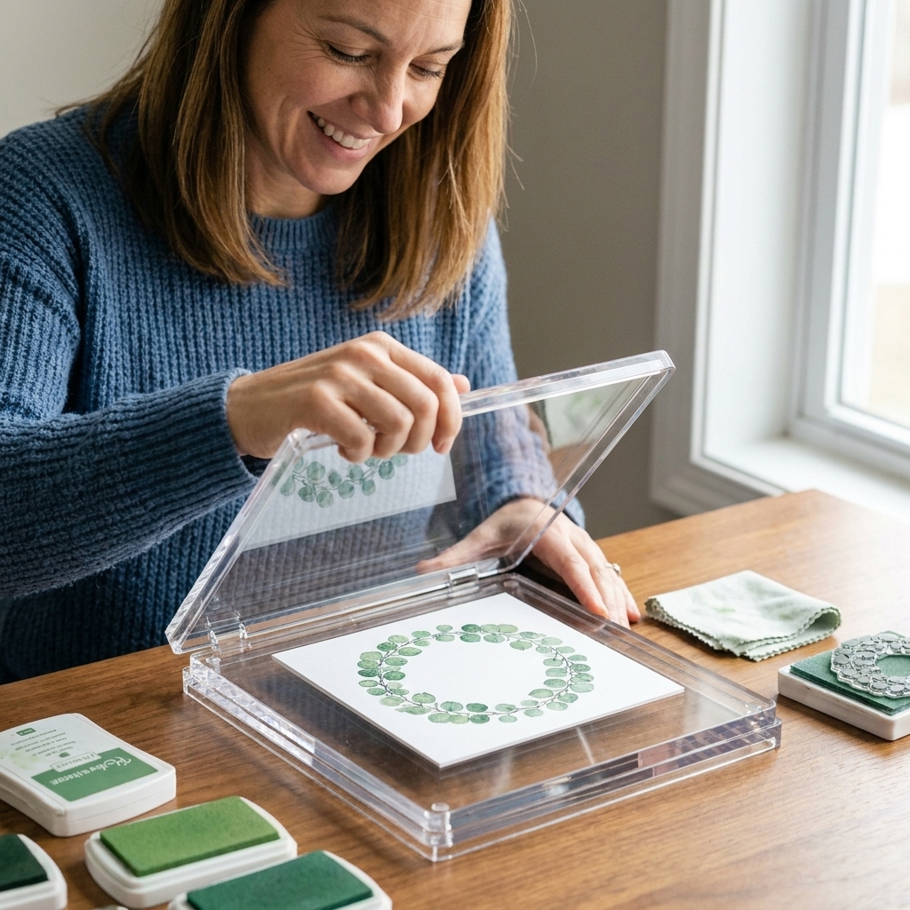 A square card panel in a stamping platform with a stamped eucalyptus wreath in green inks forming an even circle, leaving space in the center for a sentiment