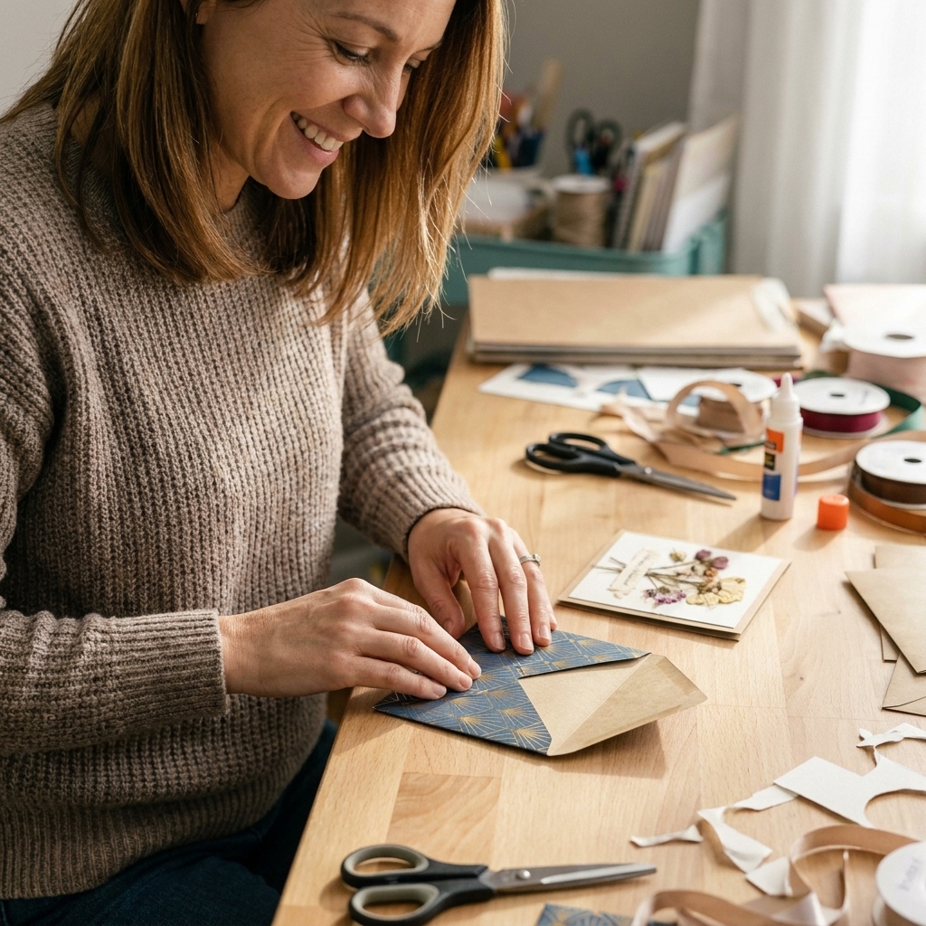 A square sheet of patterned paper folded into a square envelope on a craft table with a square handmade card beside it