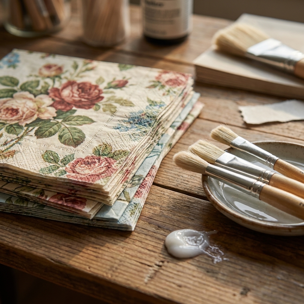 A stack of decorative paper napkins with floral patterns on a craft table next to soft paintbrushes and a small dish of water