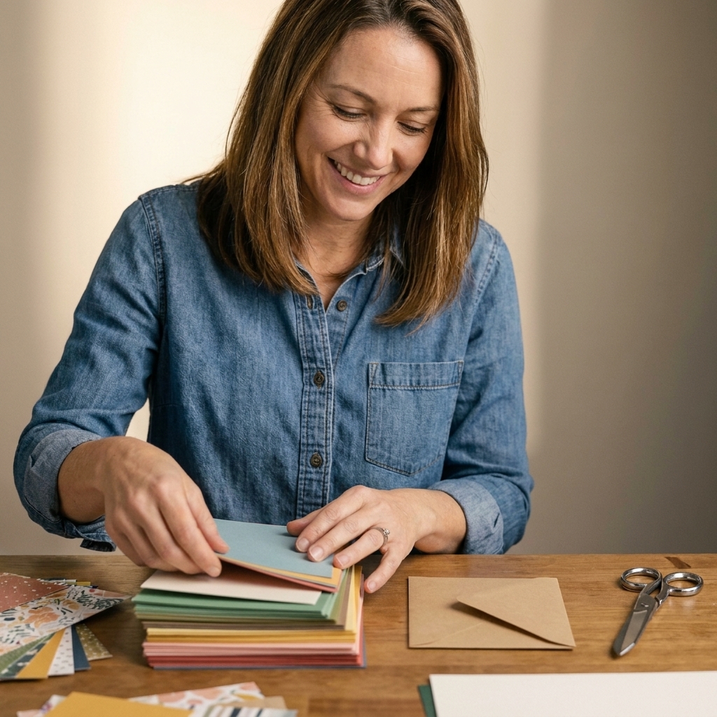 A stack of sorted cardstock and patterned paper scraps in neat piles on a crafting table beside a small label-free envelope and scissors