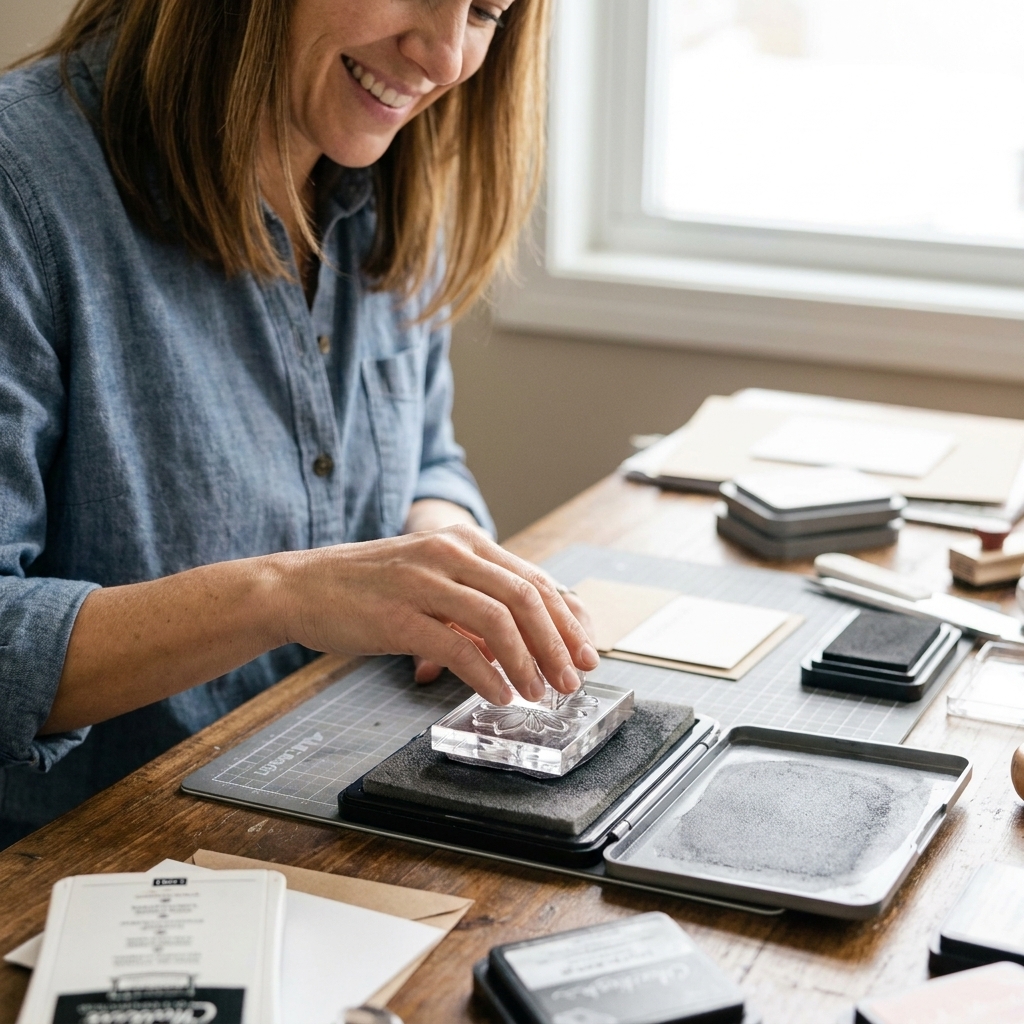 A stamp shammy pad sitting open on a craft desk with a clear stamp being pressed gently into the damp surface