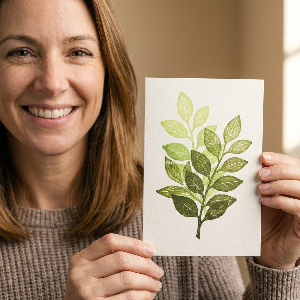 A stamped leafy branch built with multiple green layers on a card panel, showing dimensional shading from light to dark