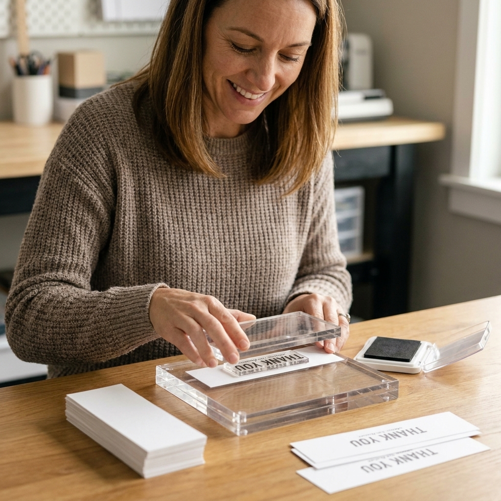 A stamping platform set up with a sentiment stamp and several white cardstock strips nearby, ready for batch stamping identical greetings