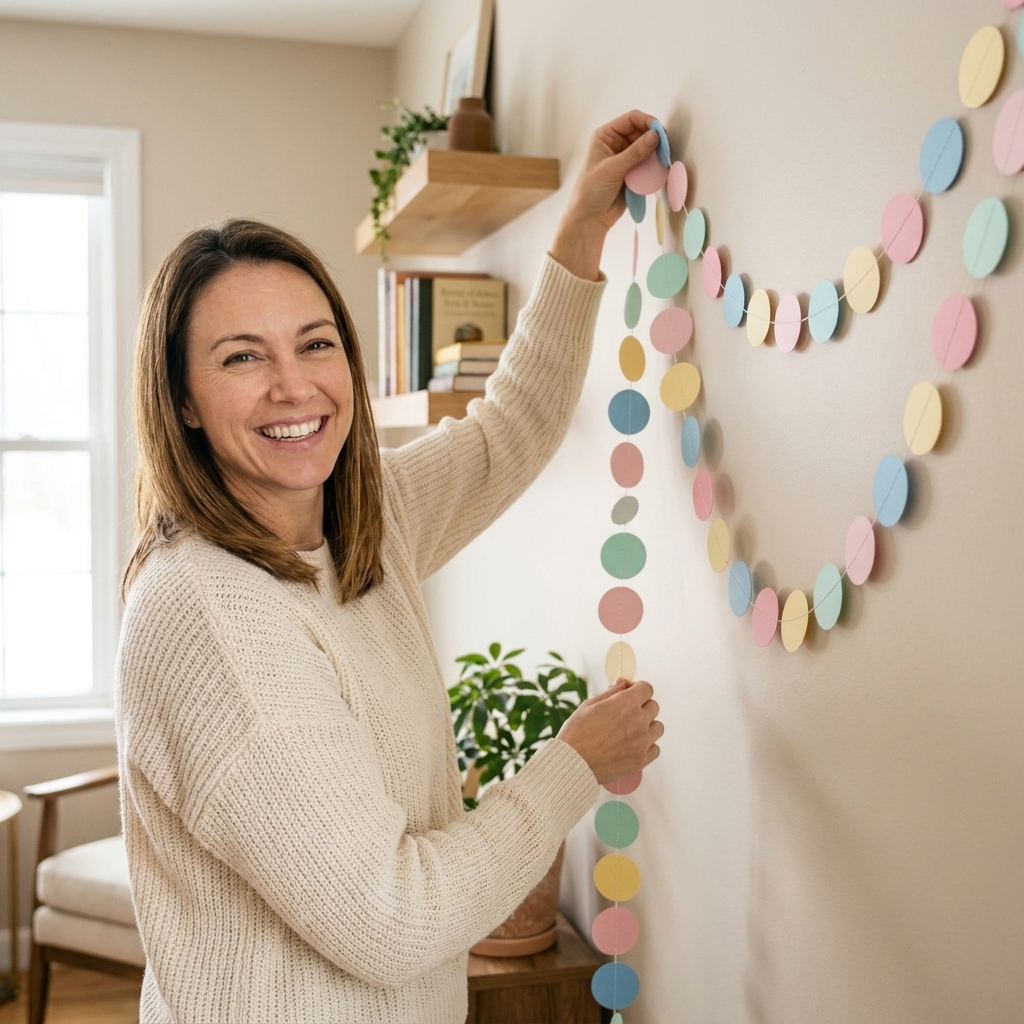 A stitched paper circle garland made from pastel cardstock circles, draped against a light wall in a cozy home setting
