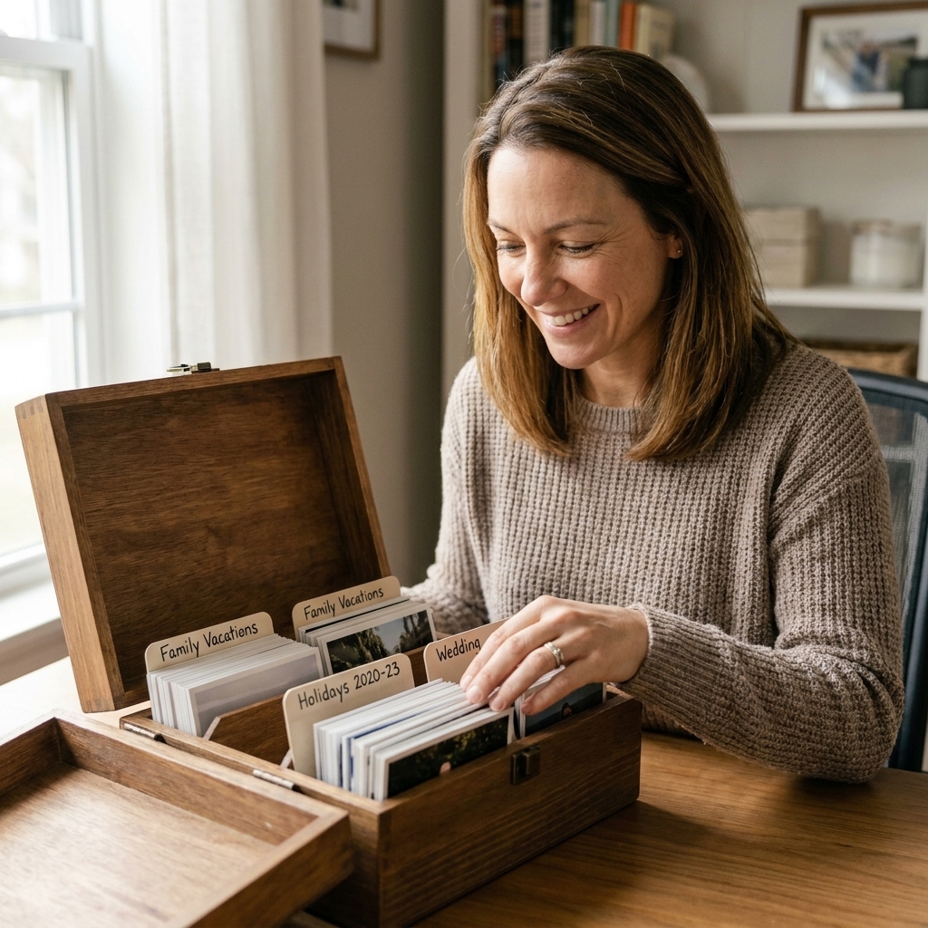 A sturdy divided photo storage box on a desk with neatly separated stacks of prints in labeled sections