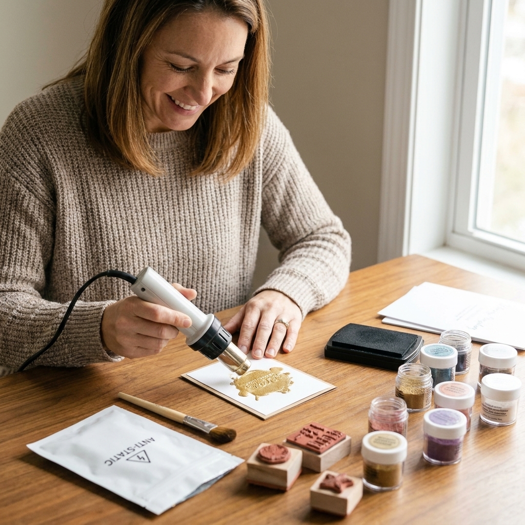 A tabletop photo showing a heat embossing setup with a heat tool, embossing ink pad, embossing powder jars, stamps, and an anti-static pouch