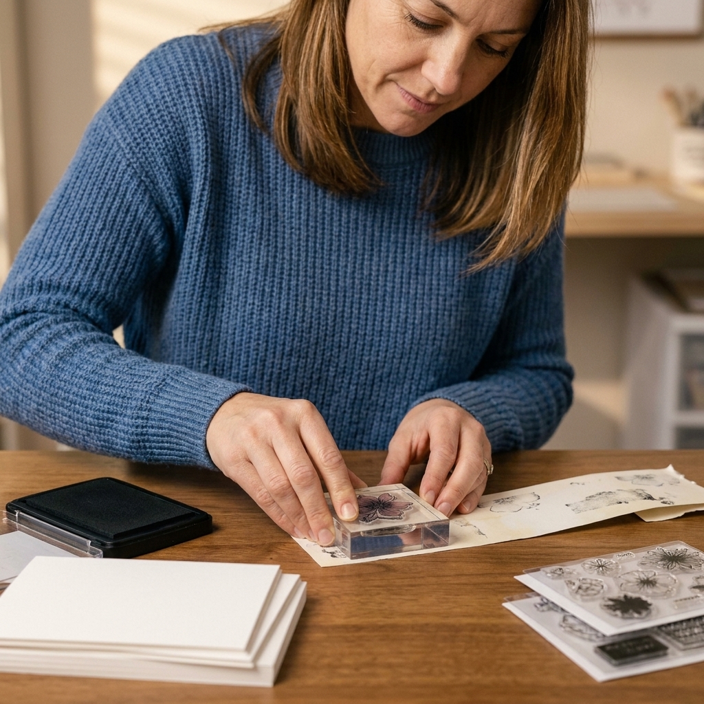 A tabletop photo showing a stamping setup with ink pad, acrylic block, clear stamps, white cardstock, and a scrap paper strip used for stamping off before stamping on the card panel