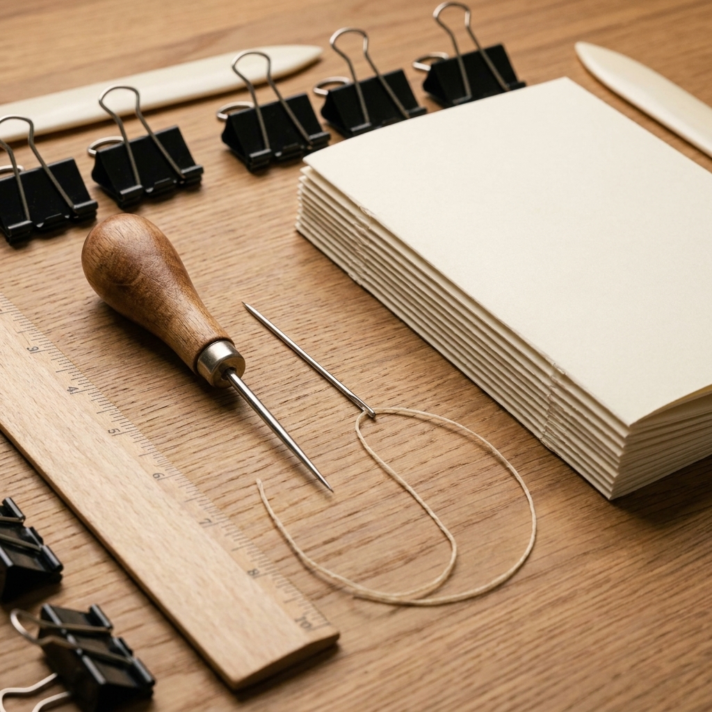 A tabletop photo showing basic bookbinding tools laid out neatly: an awl, needle threaded with waxed thread, ruler, bone folder, binder clips, and folded paper