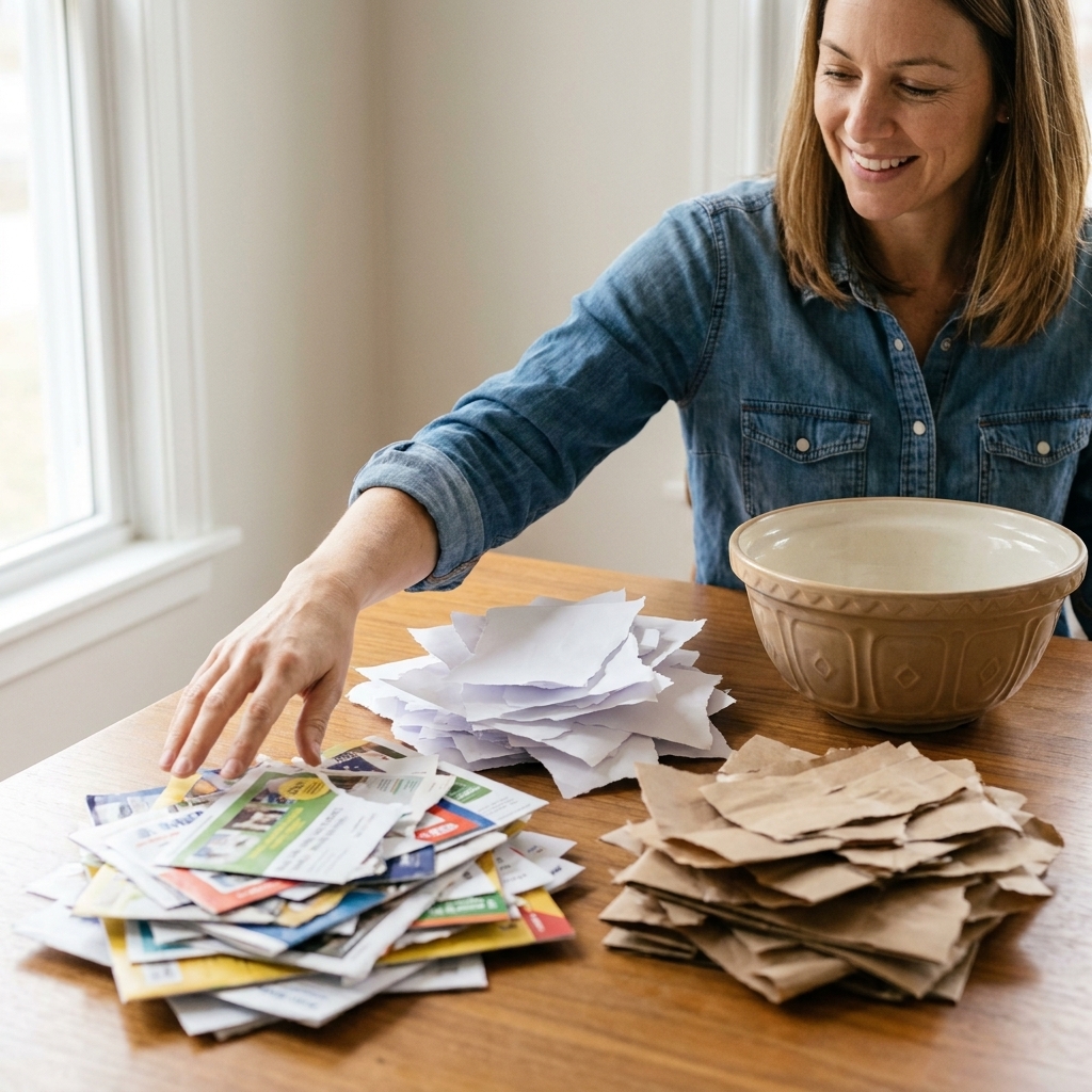 A tabletop scene showing torn pieces of junk mail, white printer paper, and brown paper bag scraps in separate piles next to a large bowl
