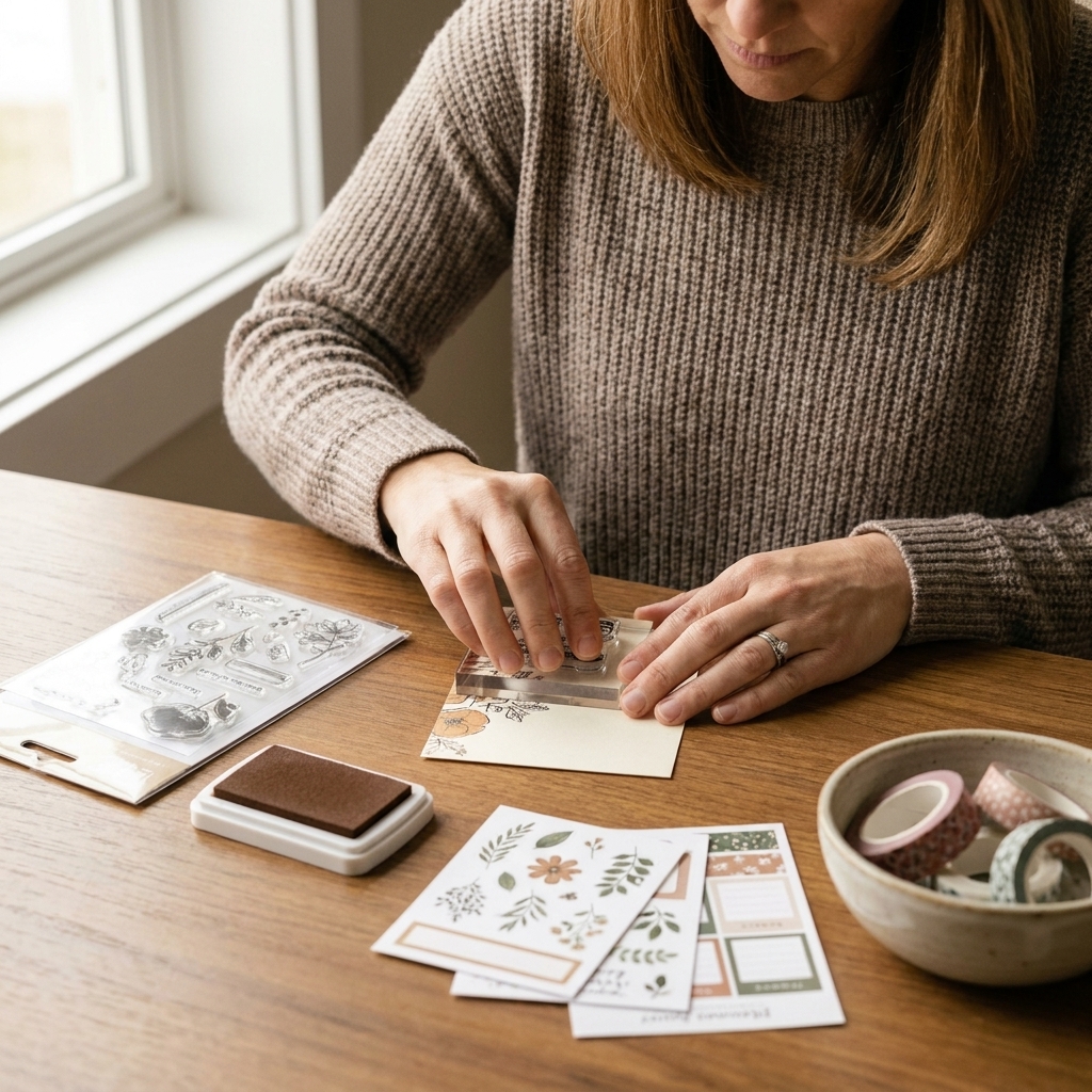 A tabletop scene with a clear stamp set, ink pad, small sticker sheets, washi tape rolls, and a journaling card being stamped