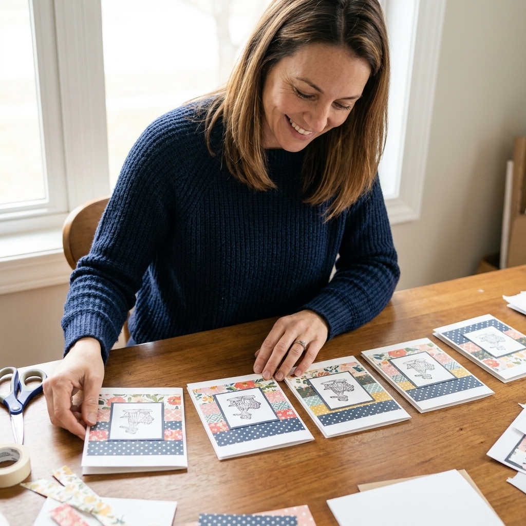 A tabletop scene with several handmade card fronts laid out in a neat row, showing repeated layouts with different patterned paper accents