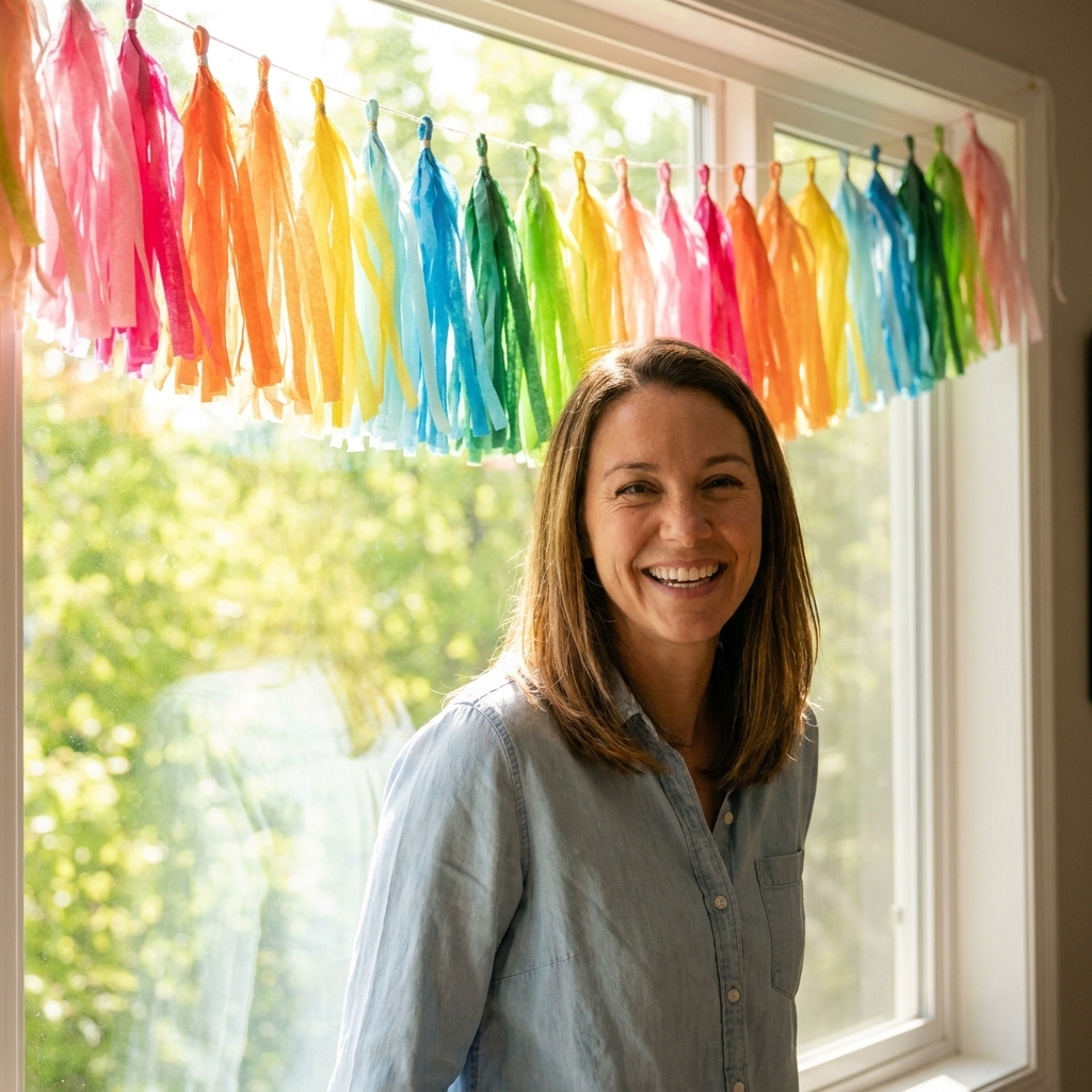 A tissue paper tassel garland in bright colors hanging along a sunny window, each tassel fluffy and lightweight