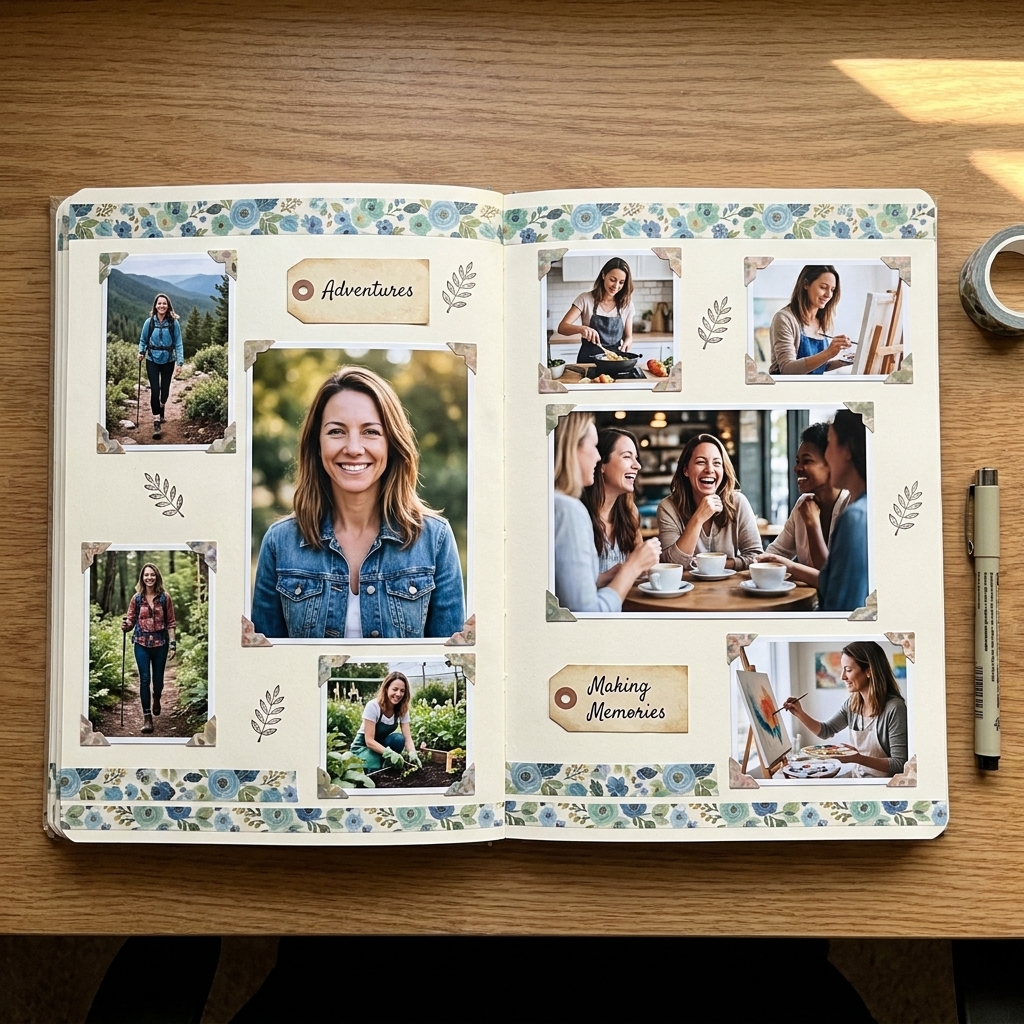 A two-page scrapbook spread on a desk with repeated design elements on both pages and multiple photos arranged in balanced clusters