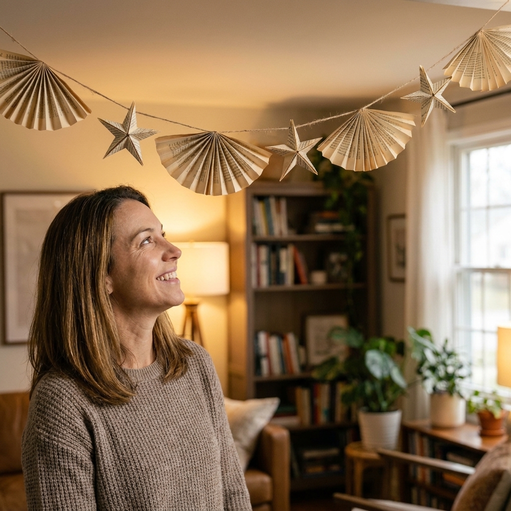 A vintage-style paper garland made from folded book pages strung on twine, hanging in a warm room