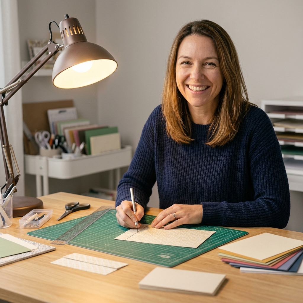 A well-lit crafting table with a desk lamp shining on a cutting mat and cardstock, showing a clean, organized paper cutting workspace