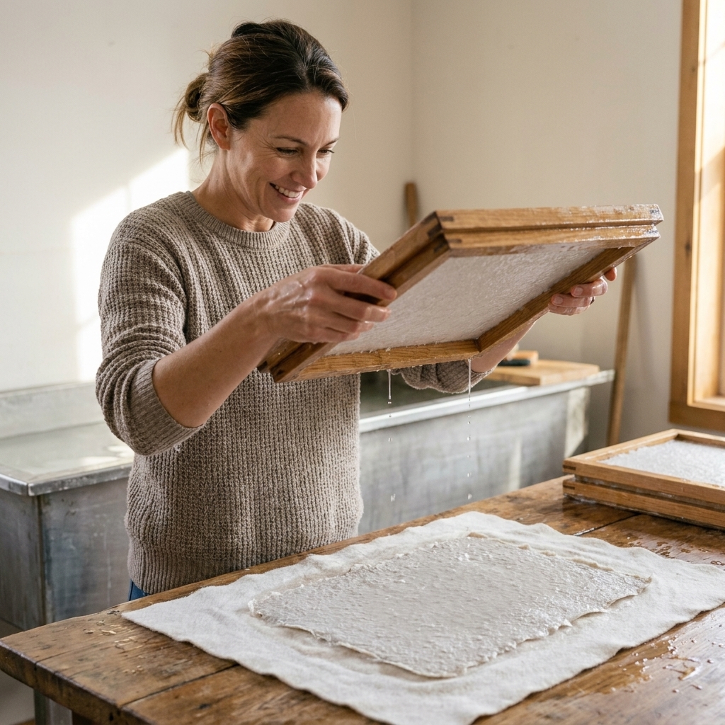 A wet handmade paper sheet freshly transferred onto a white felt cloth, with the mould frame being lifted away