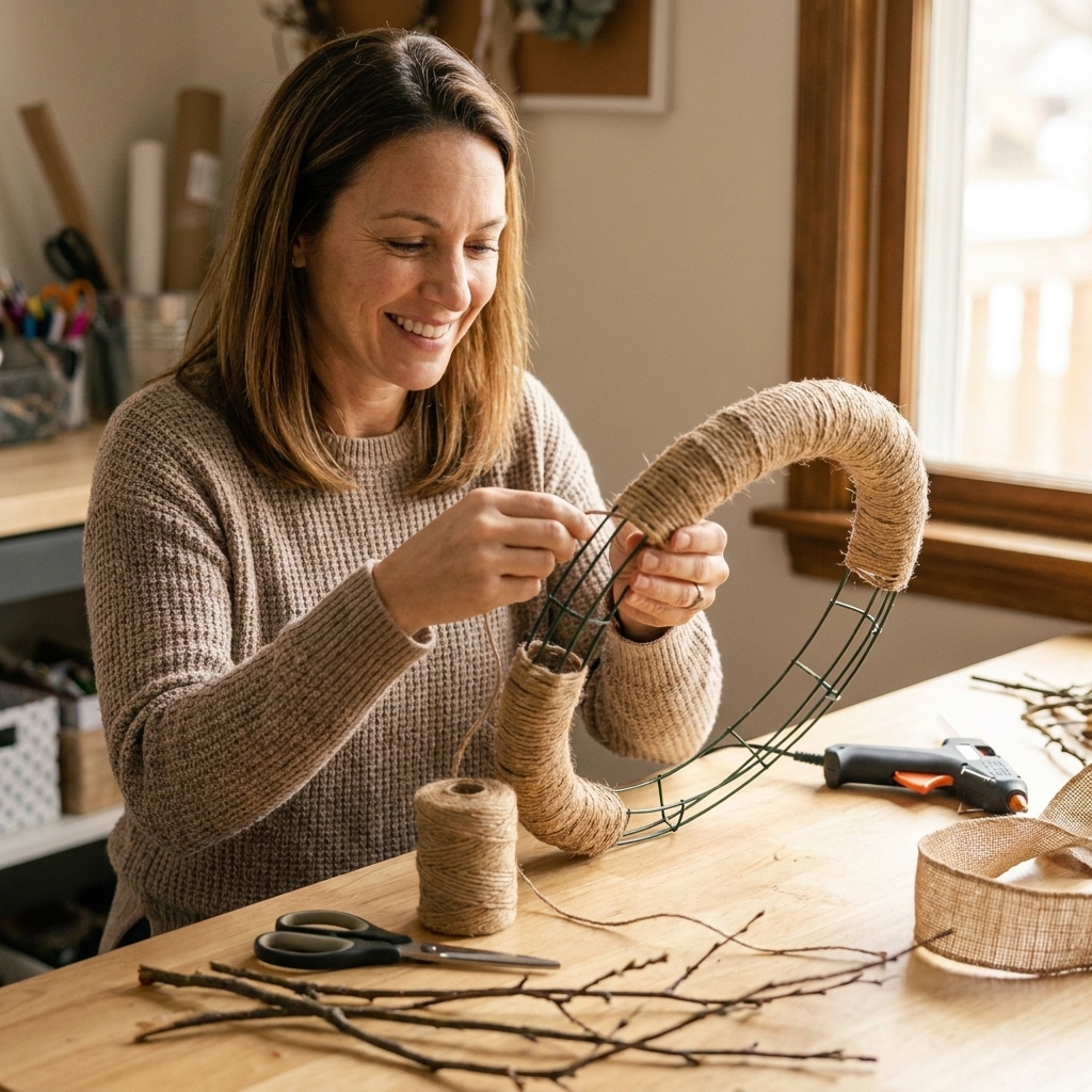 A wire wreath frame partially wrapped with natural twine on a craft table