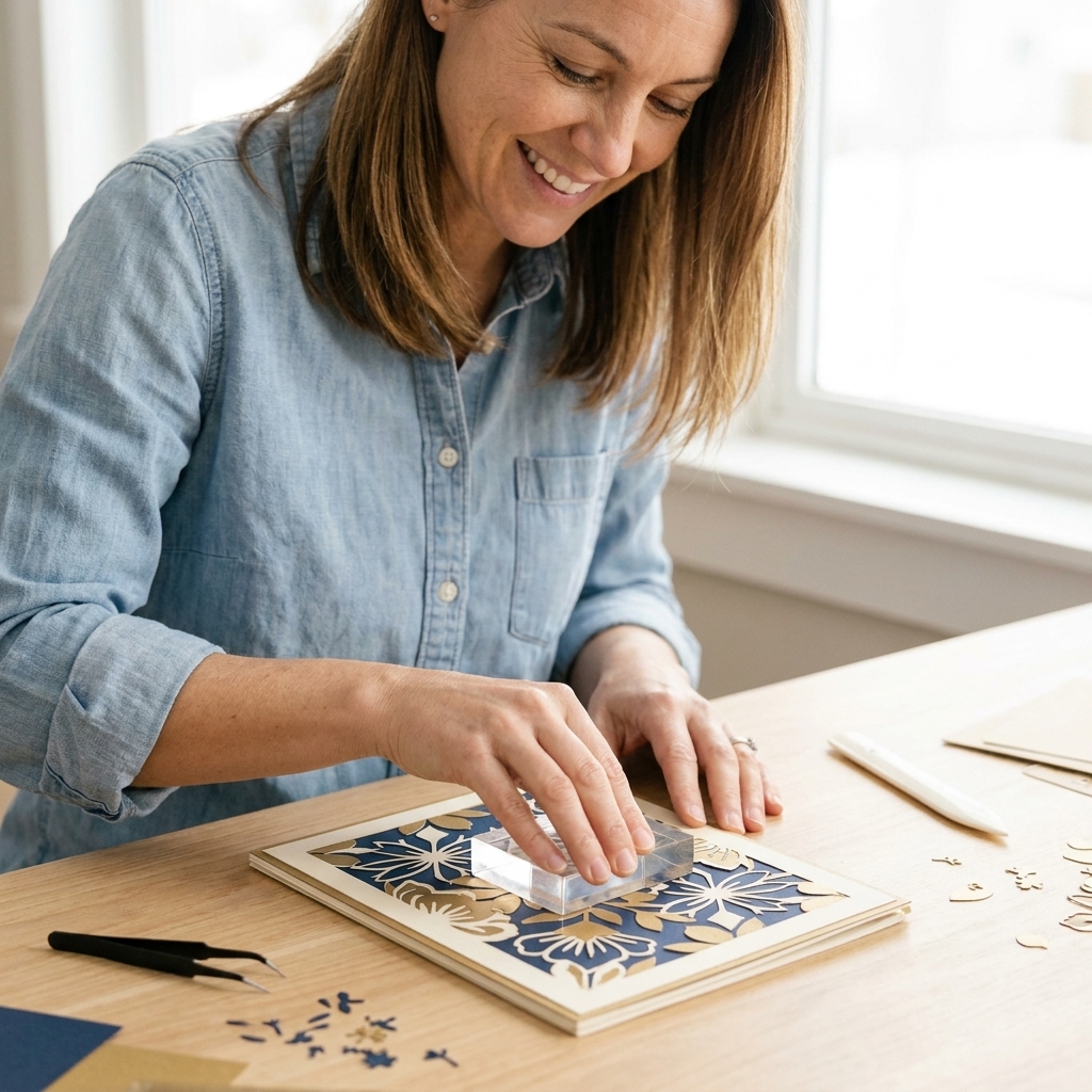 An inlay die cutting setup with a background panel, tiny die cut pieces in contrasting cardstock, and an acrylic block used to press everything flat