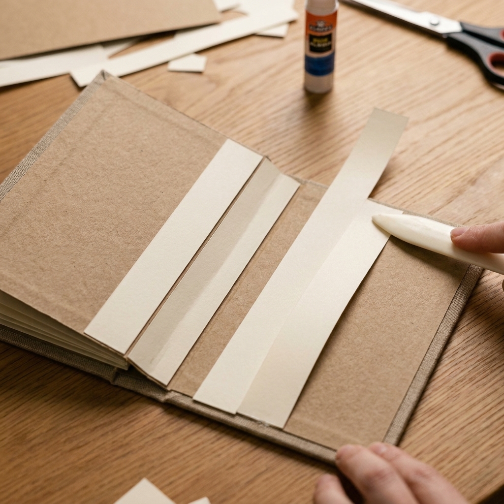 An open mini album cover with multiple cardstock hinge strips adhered along the inside spine area