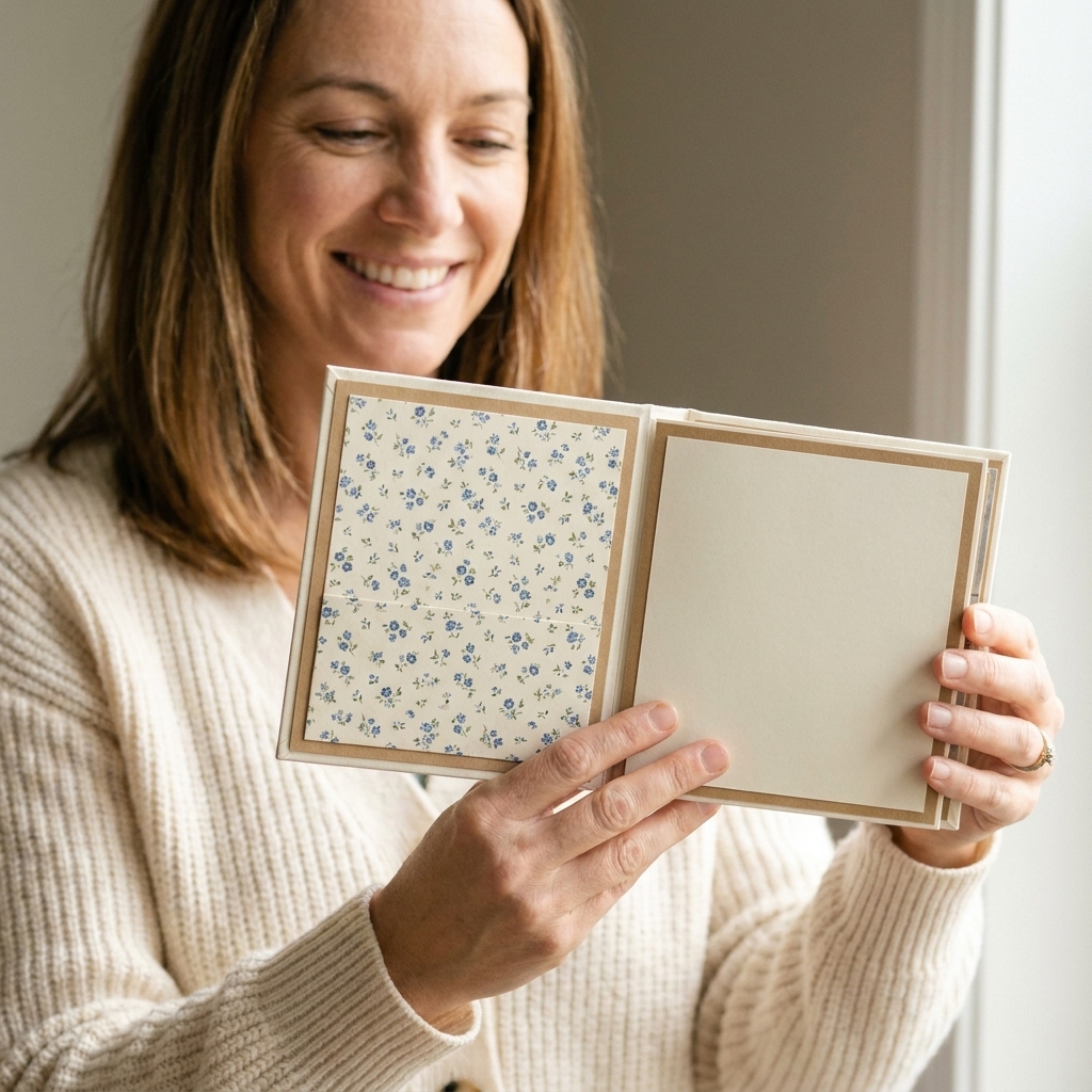 An open mini album showing neatly lined inside covers with patterned paper and a clean border